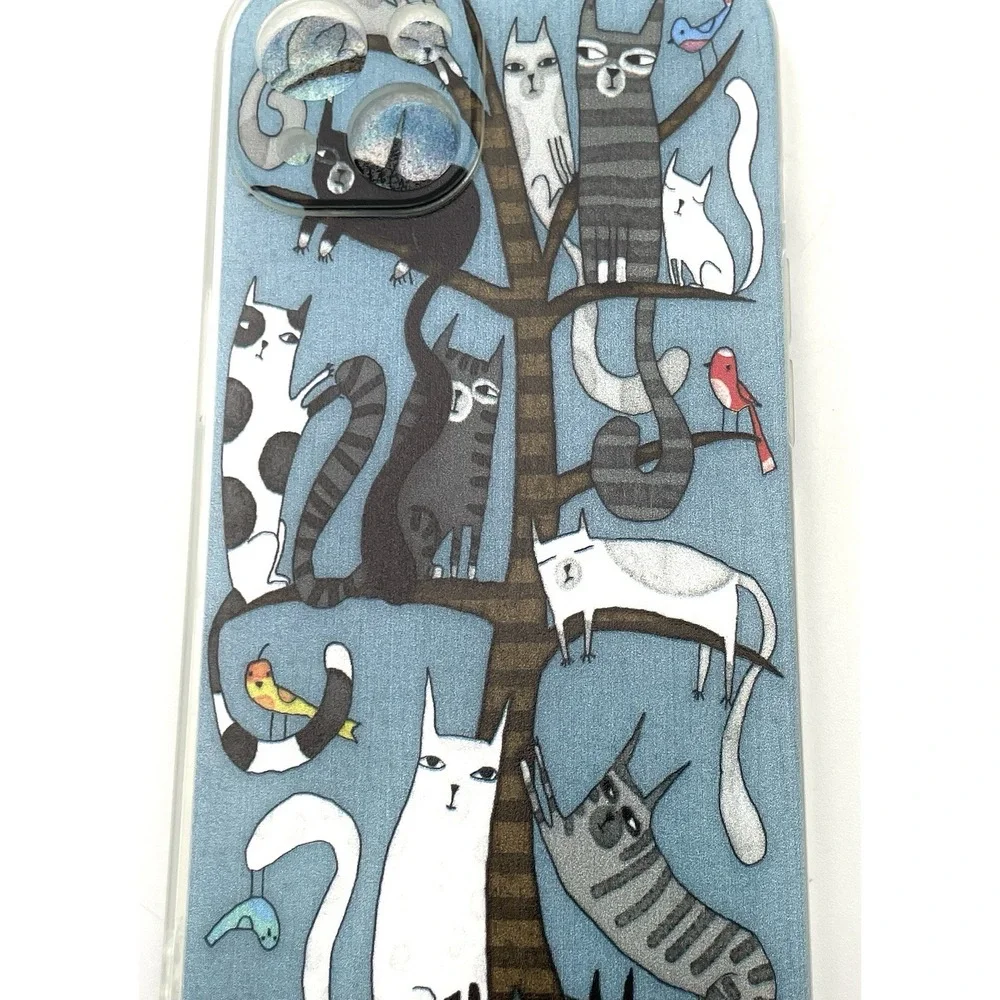 New iPhone 13 Cat Tree Phone Case Whimsical Cats Birds‎ Blue Clear Edge